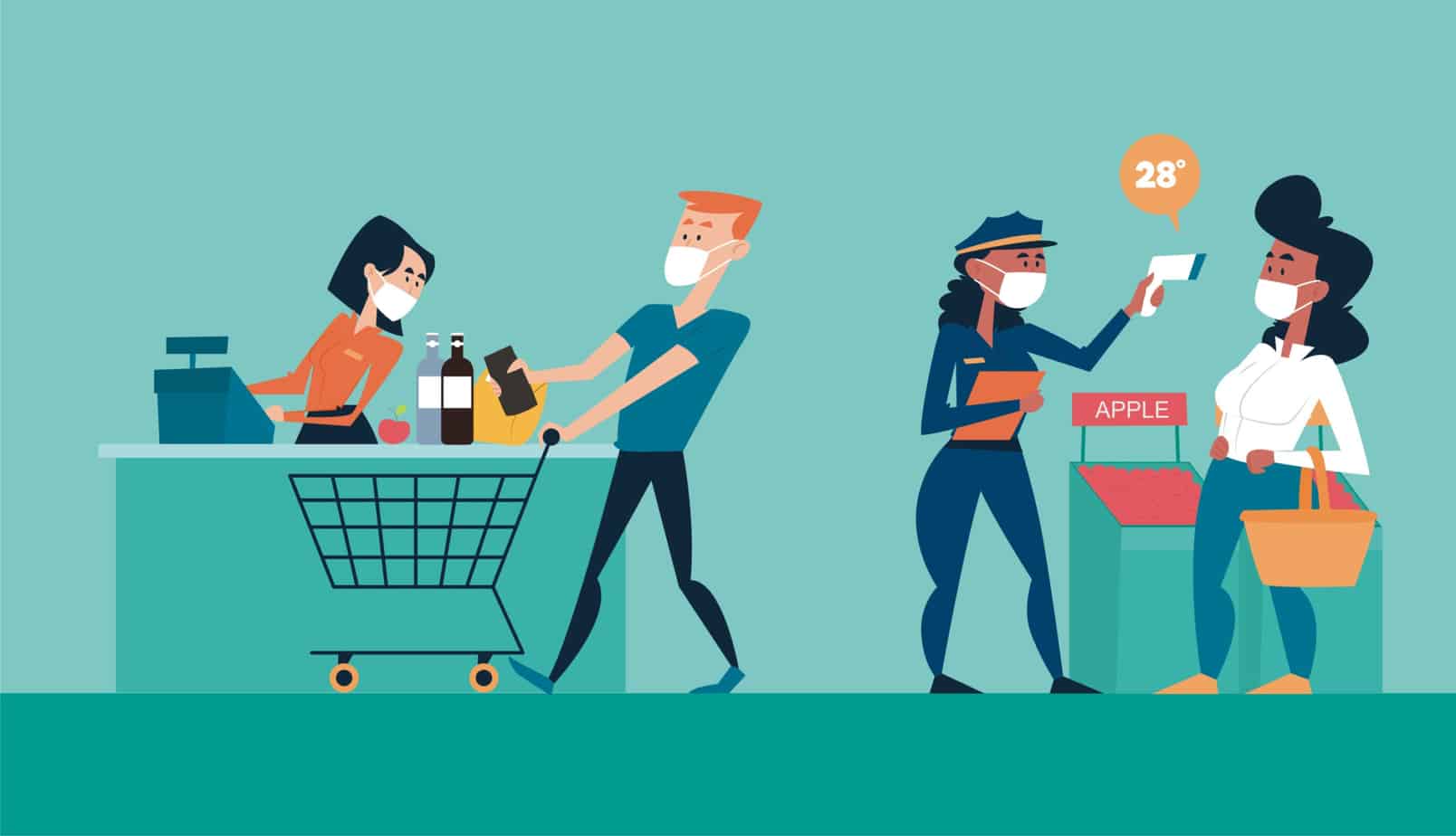 illustration of customers in face masks with social distancing on a grocery store covid 19 concept 214049289