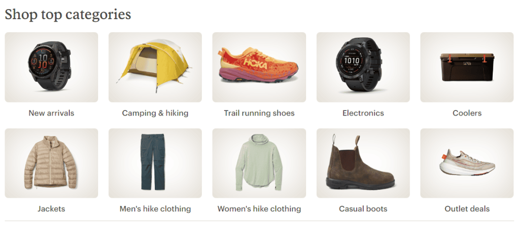 top categories on REI