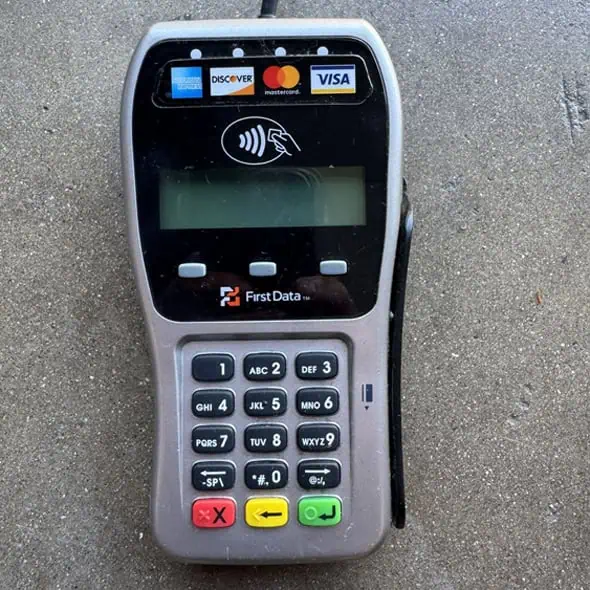 Contactless payment terminal for secure credit card transactions, compatible with Visa, MasterCard, and Discover.