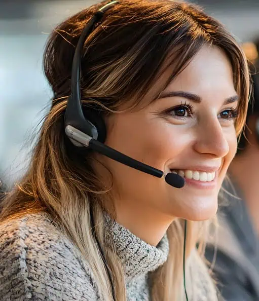 Clear customer support representative wearing headset providing payment solutions at Host Merchant Services.