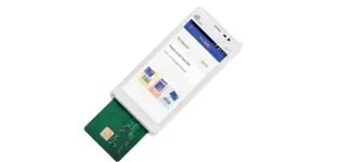 Contactless payment terminal with credit card reader and smartphone interface.