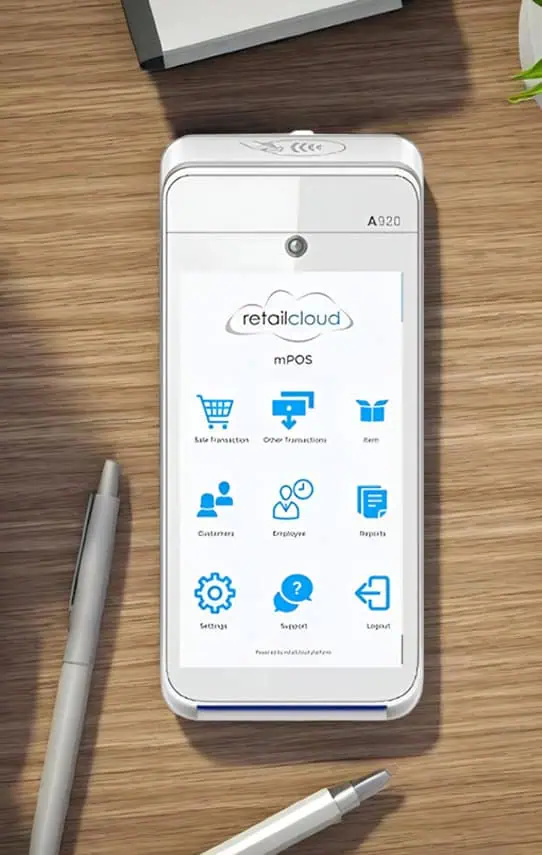 Retailcloud mobile point of sale (mPOS) system on a white device with stylus, used for payment processing.