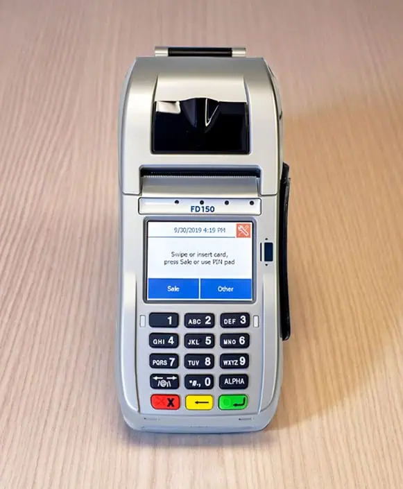 EMV chip card payment terminal for seamless hospitality transactions.
