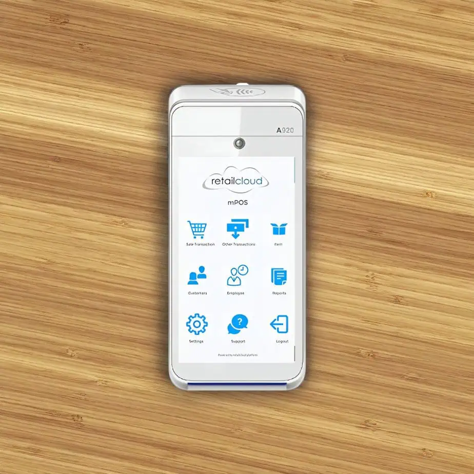Mobile point of sale device for retail merchant services and payment processing.