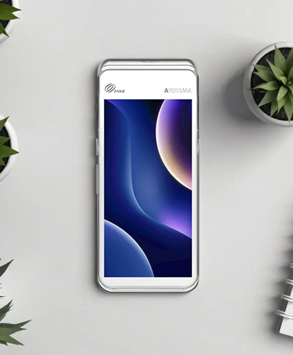 Smartphone with sleek design on a light desk, surrounded by plants, showcasing modern payment technology.